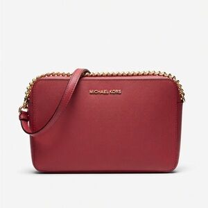 MICHEAL KORS Burgandy Pebbled Leather Crossbody Bag Gold Chain Strap